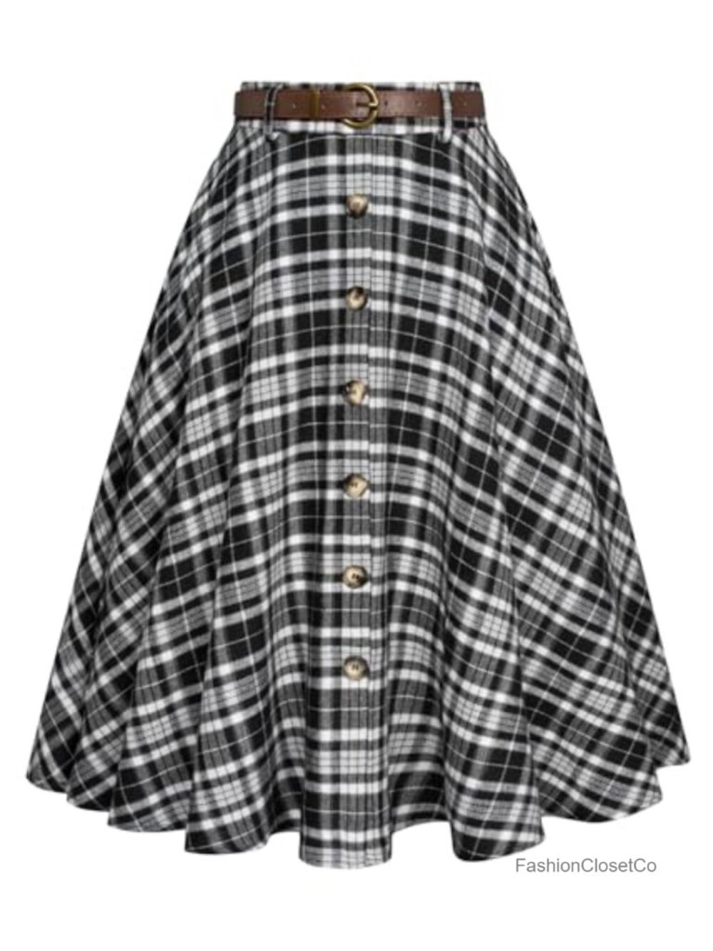 Plaid A-Line Midi Skirt with Pockets and Belt Vintage Pleated